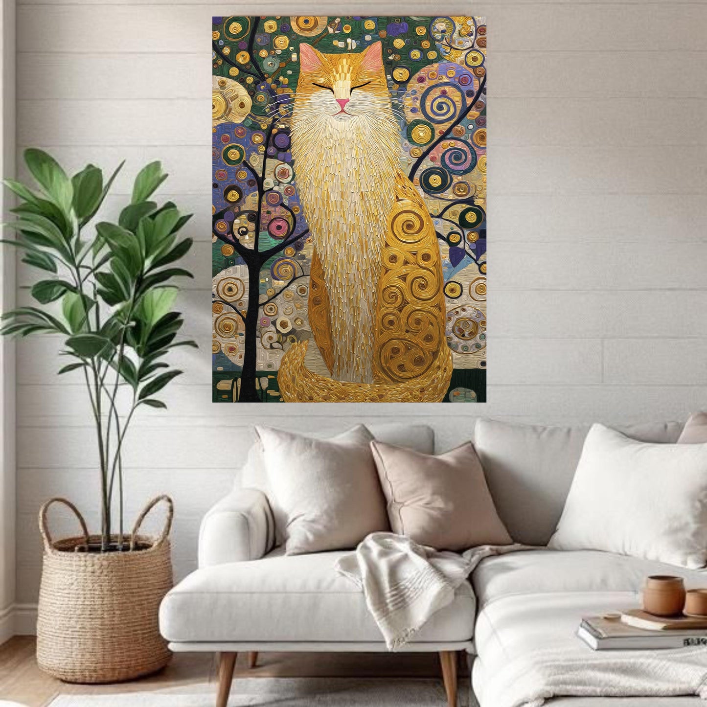 Gustav Klimt Style Cat Canvas Wall Art, Gold Floral Black Cat Print
