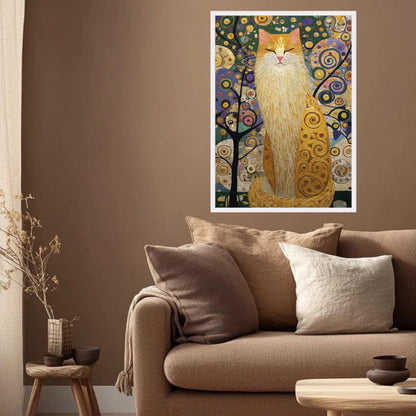 Gustav Klimt Style Cat Canvas Wall Art, Gold Floral Black Cat Print