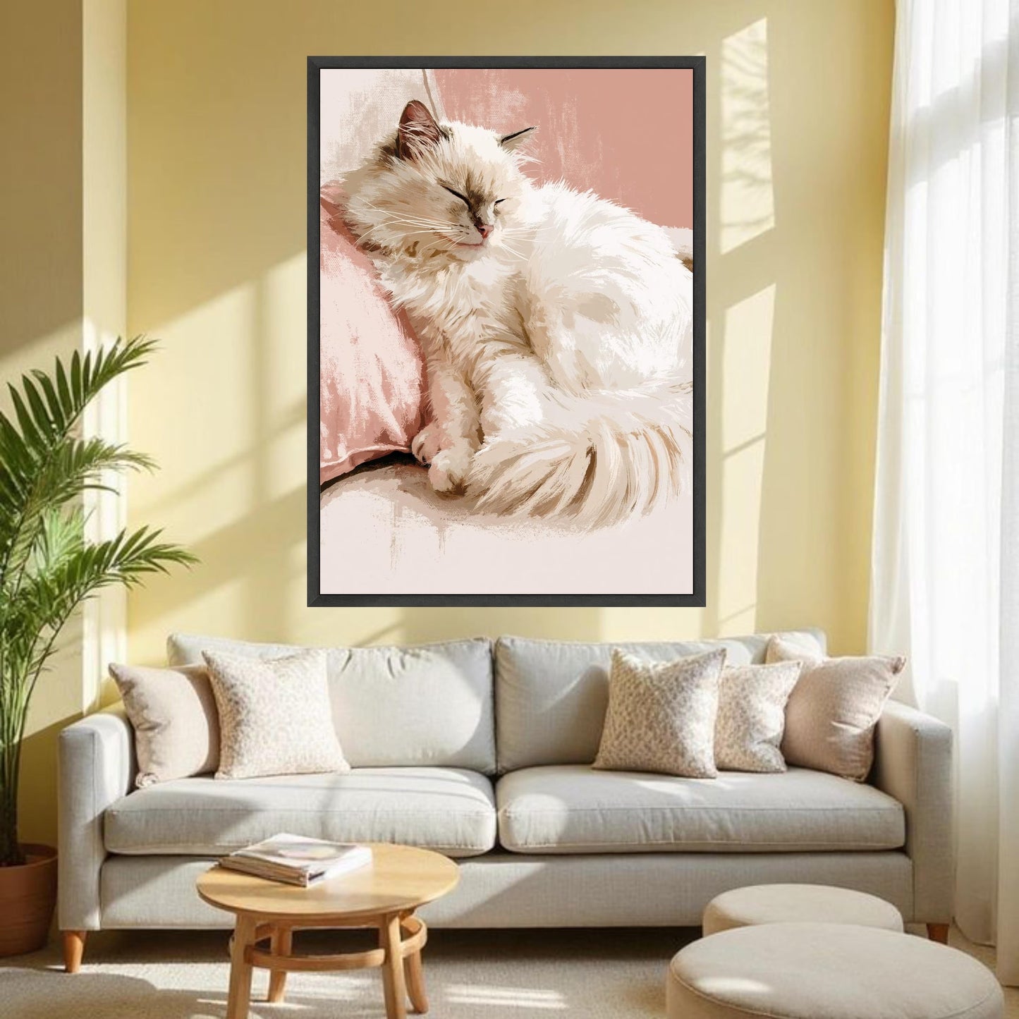 Sleeping Cat Canvas Art, Soft Pastel Kitty Wall Decor,