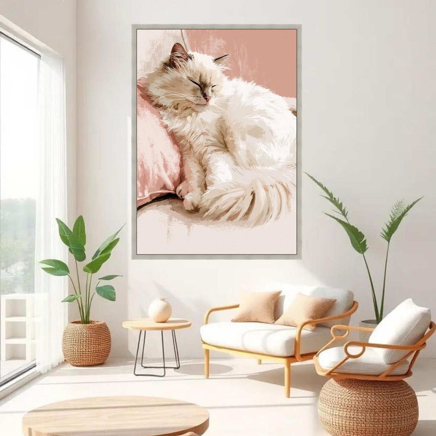 Sleeping Cat Canvas Art, Soft Pastel Kitty Wall Decor,