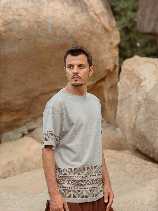 Boho Men’s T-Shirt, Geometric Print Cotton Tee