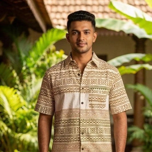 Men’s Beige Tribal Print Shirt, Cotton Short-Sleeve Button-Up