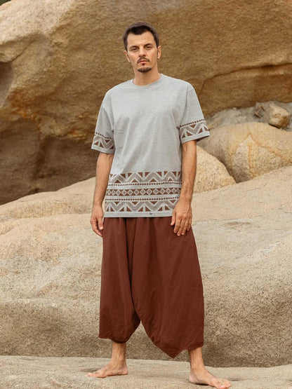 Boho Men’s T-Shirt, Geometric Print Cotton Tee
