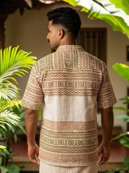 Men’s Beige Tribal Print Shirt, Cotton Short-Sleeve Button-Up