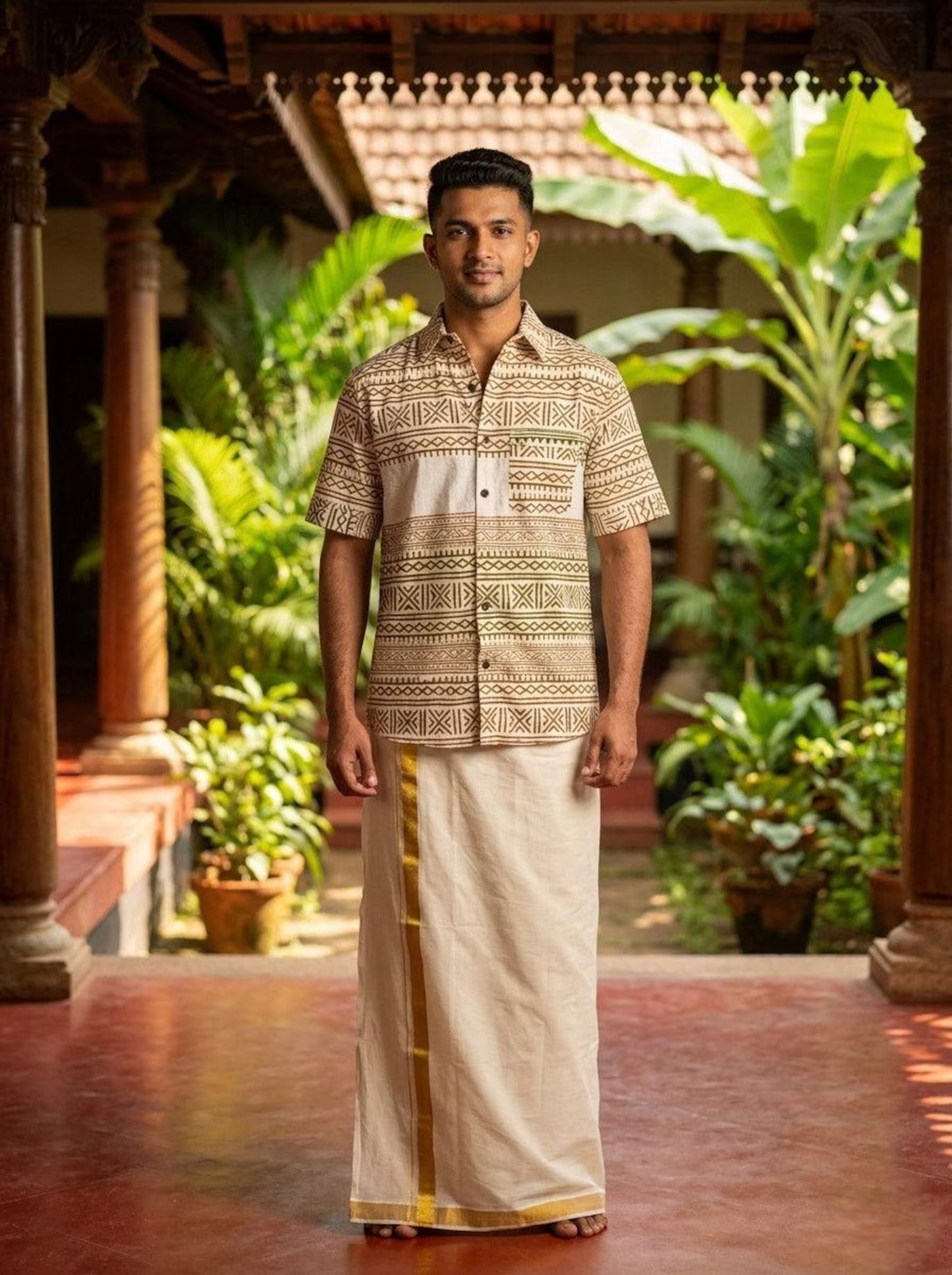 Men’s Beige Tribal Print Shirt, Cotton Short-Sleeve Button-Up