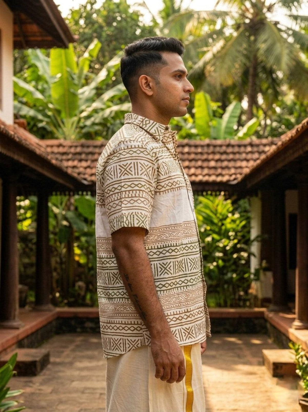 Men’s Beige Tribal Print Shirt, Cotton Short-Sleeve Button-Up