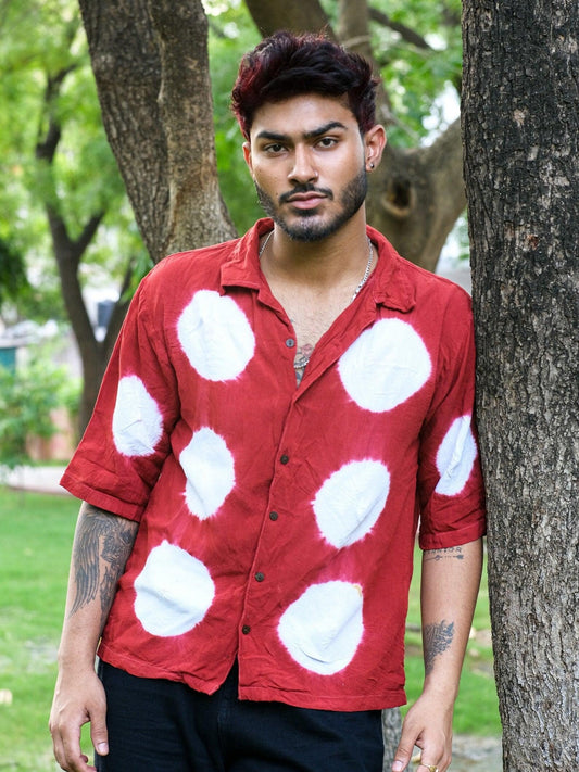 Indigo Shibori Cotton Shirt, White Polka Dot Boho Button-Up