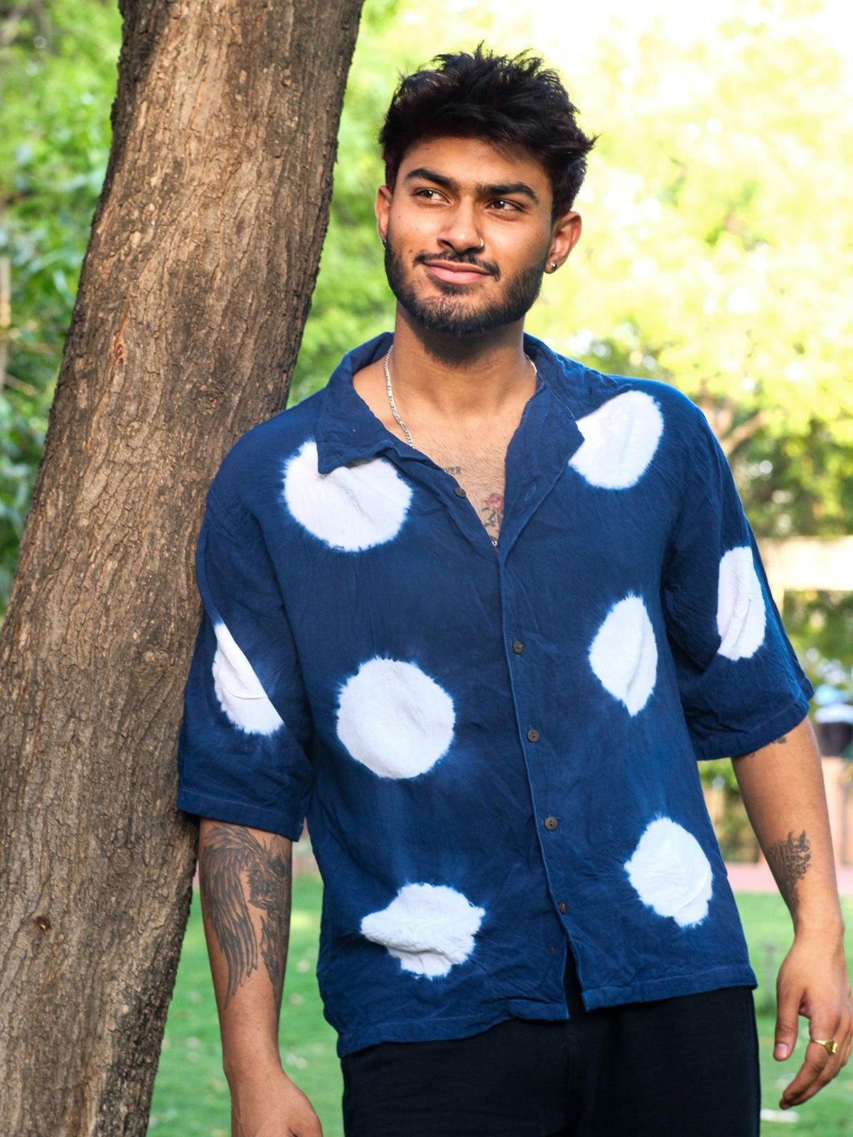 Indigo Shibori Cotton Shirt, White Polka Dot Boho Button-Up