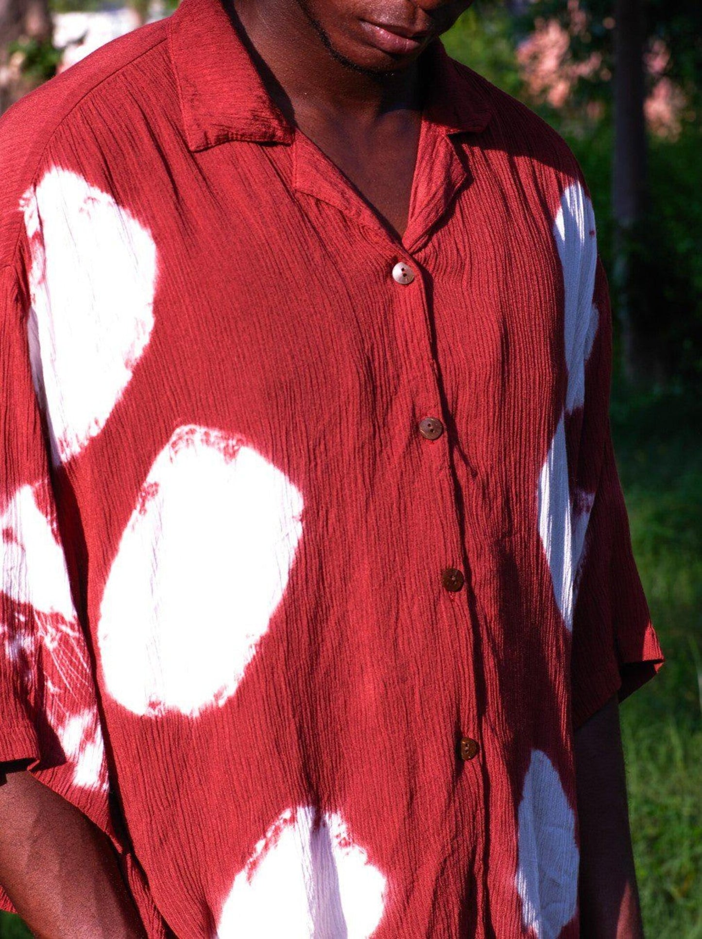 Indigo Shibori Cotton Shirt, White Polka Dot Boho Button-Up
