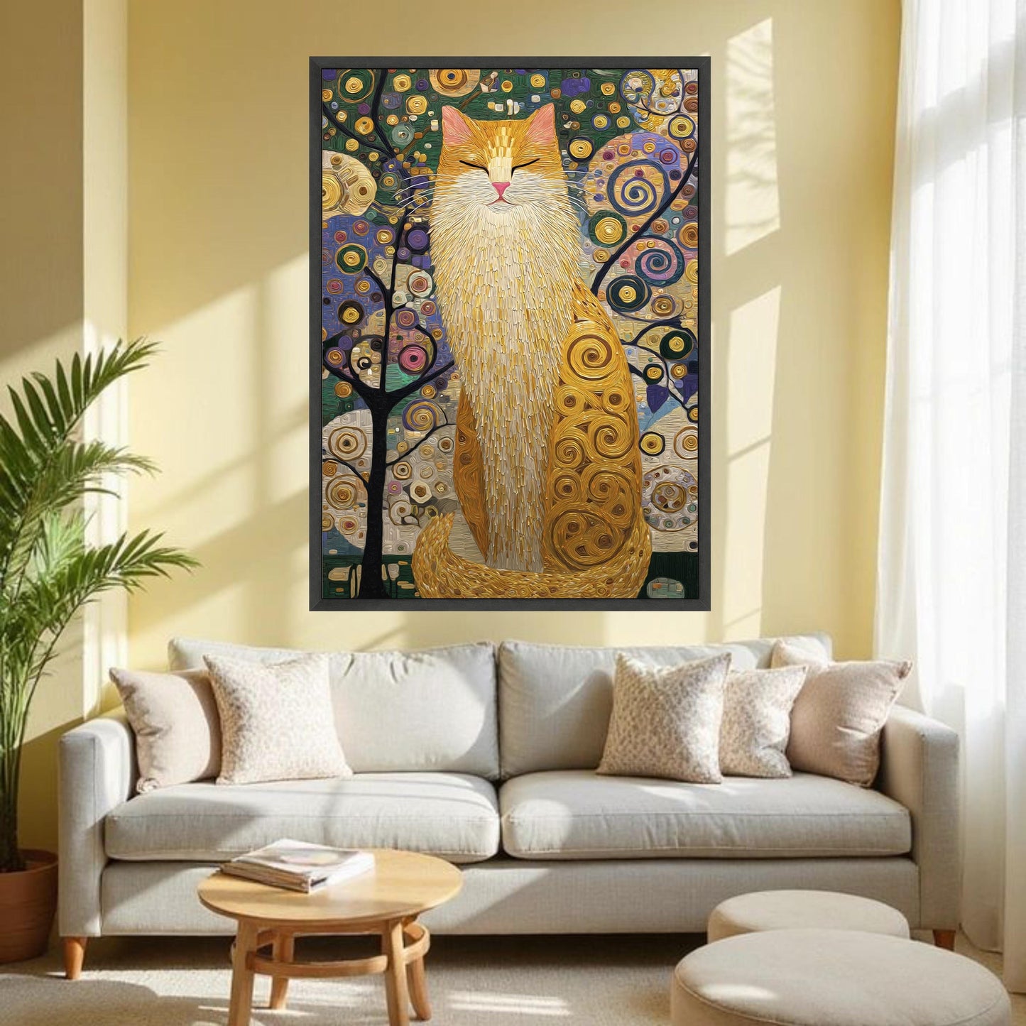 Gustav Klimt Style Cat Canvas Wall Art, Gold Floral Black Cat Print