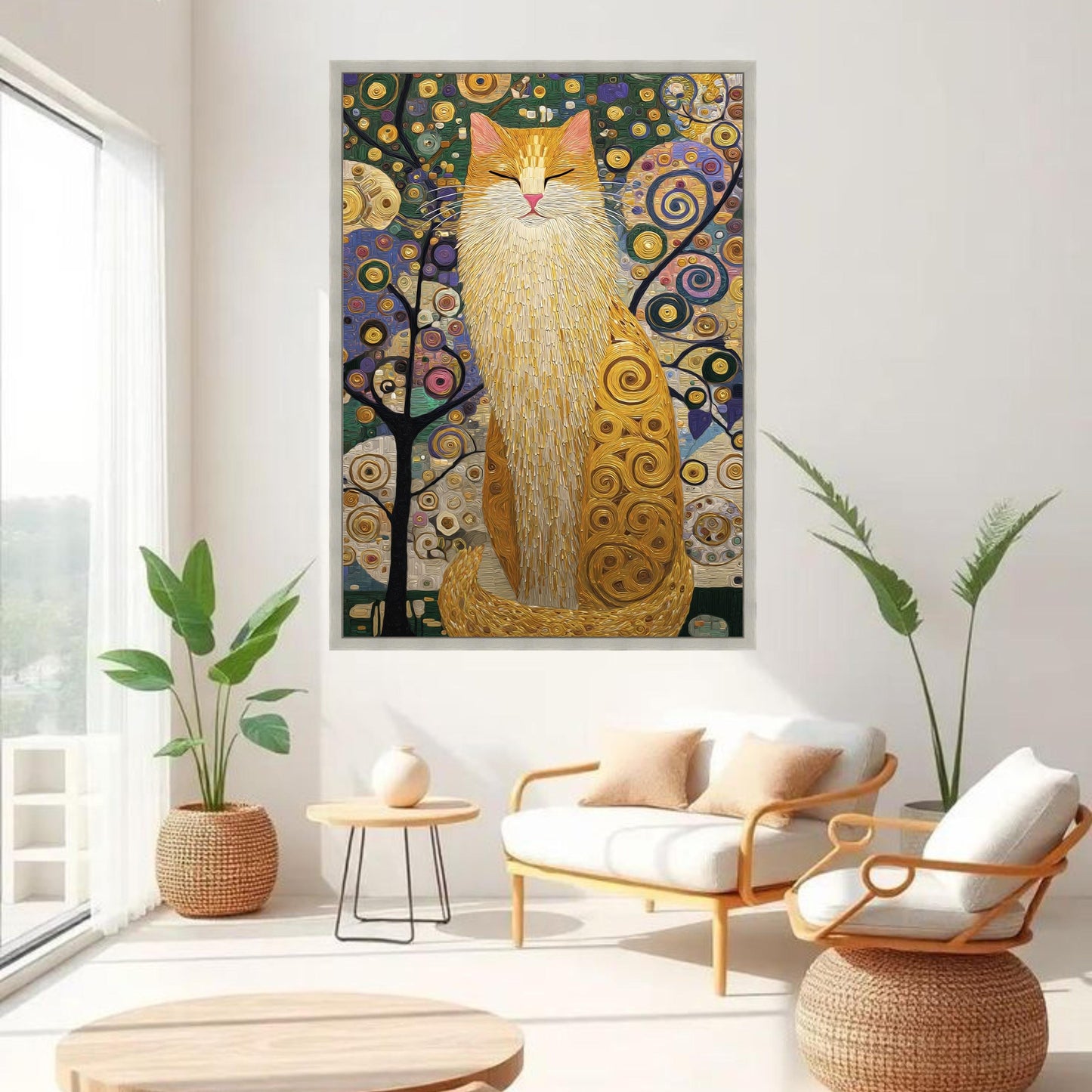 Gustav Klimt Style Cat Canvas Wall Art, Gold Floral Black Cat Print